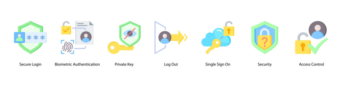 Secure Entry web banner icon vector illustration featuring Secure Login, Biometric Authentication, Private Key, Log Out, Single Sign On, Security, and Access Control.