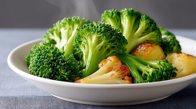 Freshly cooked broccoli served on a white plate, offering vibrant colors and healthy options for nutritious meals.