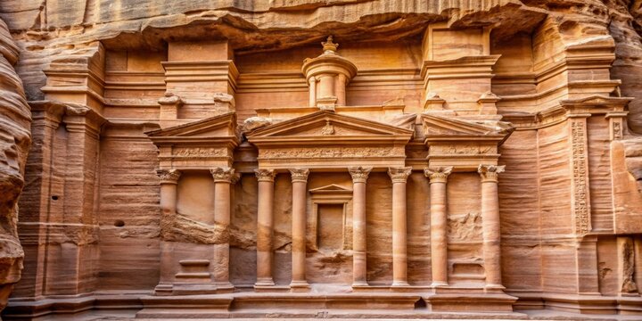 Ancient sandstone edifice, intricately carved with columns and ornate pediments, a testament to masterful stonework and architectural prowess.