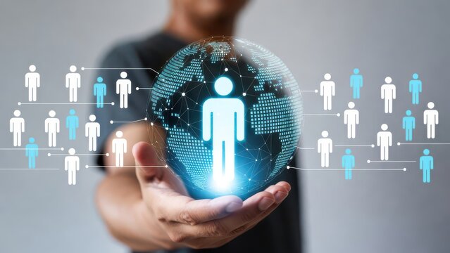 Business team holding global network connection with digital technology icons for innovation and communication strategy