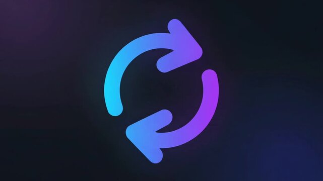 Neon gradient sync refresh icon rotating in a seamless loop against a dark atmospheric background