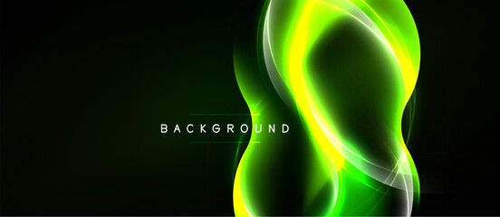 Naklejka premium Abstract green light curves form elegant shape against dark backdrop. Text reads background centrally positioned.
