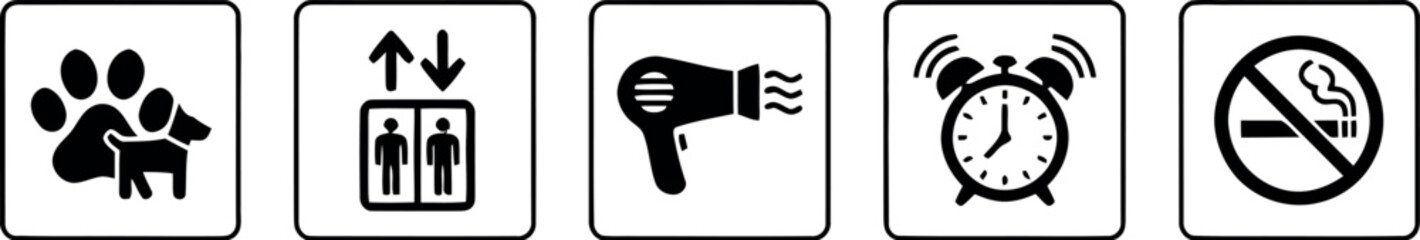 Hotel room signage icons pets elevator hair dryer wake up call no smoking © Rifat