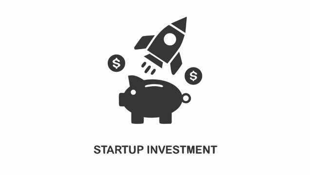 Minimalist vector illustration of piggy bank with rocket and dollars for startup investment and financial growth