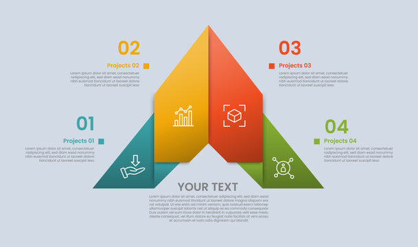 Pyramid base shape infographic with glossy gradient style with paper art style with flipping part side on top direction with four segment information