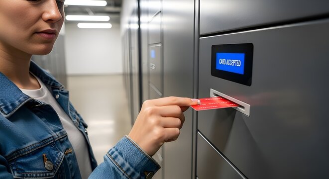 Woman using card at automated locker for package retrieval