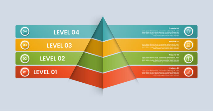 Pyramid base shape infographic with glossy gradient style with 3d shadow layer with long rectangle box stacked list with four segment information