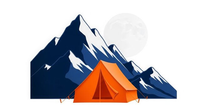 Adventure - Orange Camping Tent Set Against Snow Capped Blue Mountain Range With Full Moon Night Sky