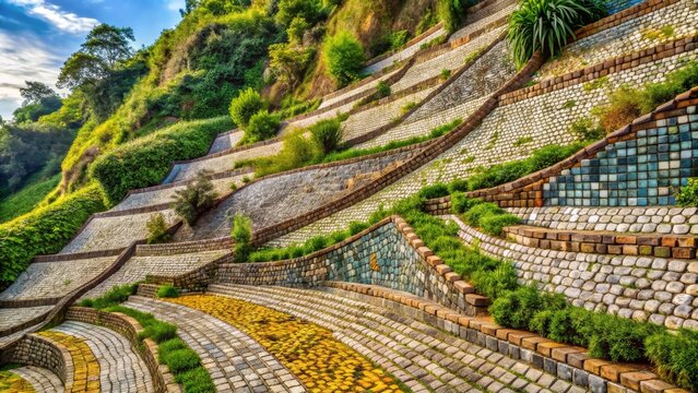Serene hillside landscape showcasing a meticulously crafted stone pathway winding through vibrant terraced gardens