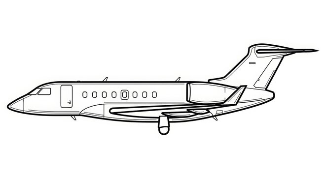 Aviation - Business Jet Aircraft Side View Line Drawing Outline Illustration Private Plane Silhouette