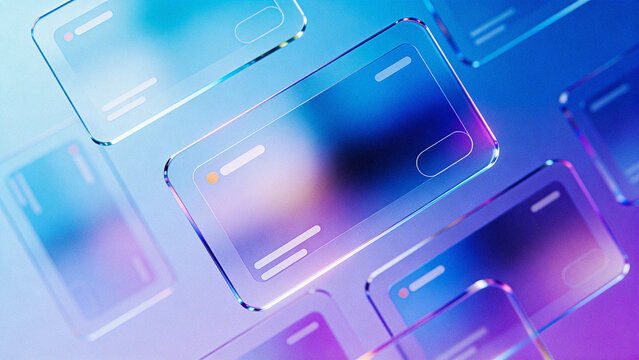 3D rendered glassmorphism website browser frames floating over a reflective surface with a vibrant blue and purple neon gradient backdrop