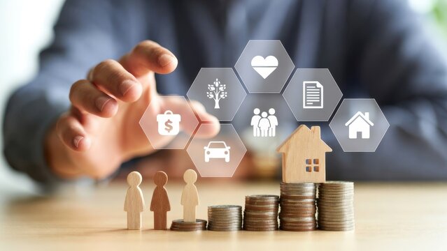Hand holding family icons with house and coins financial planning concept flat lay on wooden table