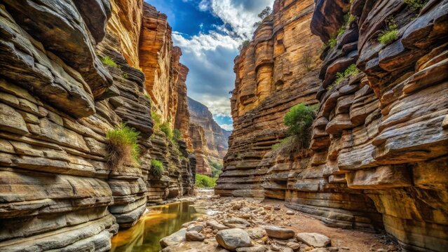 A Serene River Flows Through a Majestic Canyon Carved by Ancient Forces, Its Walls Rising in Layers of Stone, a Testament to Time and Nature's Artistry.