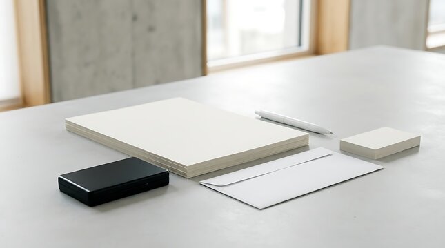 Stationery branding mockup with blank paper notepad and envelope on concrete desk, corporate identity template presentation
