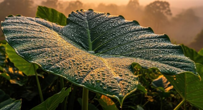 Large Elephant Ear Leaf Covered in Morning Dew