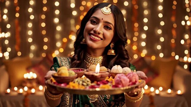 A young woman dressed in traditional attire joyfully holds a decorative thali filled with an array of colorful sweets and flowers, set against a backdrop of soft glowing lights.