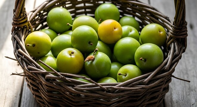 Fresh Greengage Plums in Woven Basket, Rustic Summer Harvest