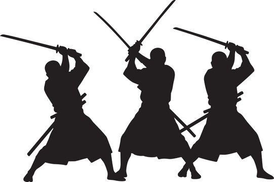 Silhouette of samurai warriors with katana swords. Black vector art of feudal japanese fighters in combat stances. RPG fantasy characters and martial arts combat icons isolated on white.