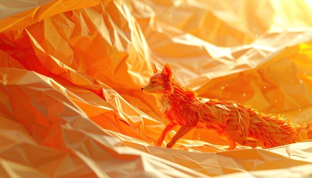 Low-poly fox walks through an abstract orange, polygonal landscape