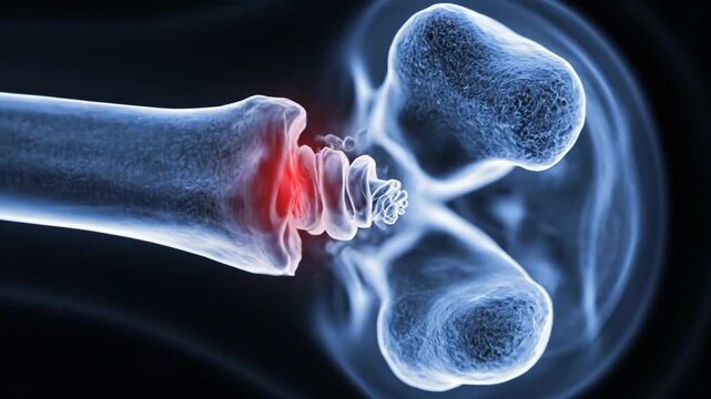Macro bone fracture visualization on medical screen shows damaged joint area with red pain marker, supporting orthopedic diagnosis, injury assessment, clinical education and treatment planning.