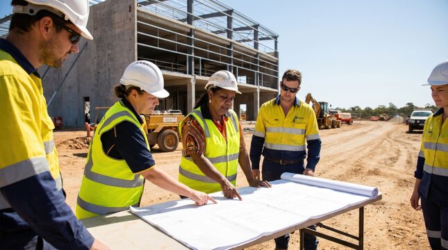 Indigenous Woman Engineer Construction Site Blueprint Team Outdoor
