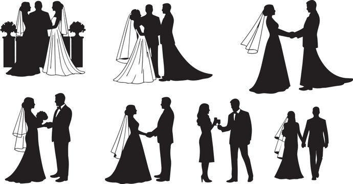Wedding couples, bride and groom silhouettes, romantic dance icons, black vector illustrations