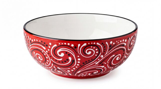 Red ceramic bowl with white and black swirling decorative pattern on white background