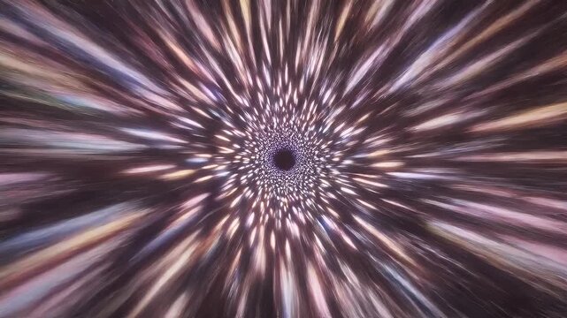 This captivating video showcases a dynamic visual of hyperspeed motion, featuring a central vortex surrounded by streaks of colorful light radiating outward.