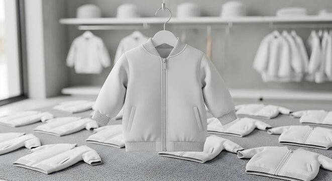Unisex light grey baby bomber jacket with zipper closure on hanger in retail apparel clothing shop display showcase
