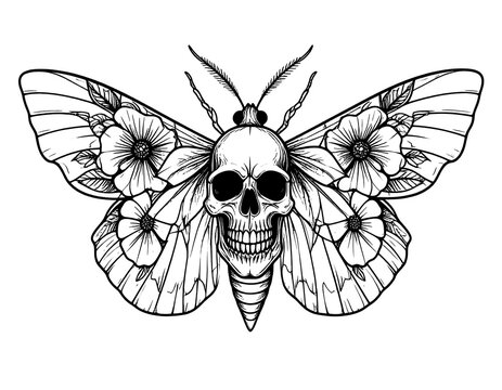Black and white illustration depicts a moth with a skull head and floral accents on its wings, radiating symmetry