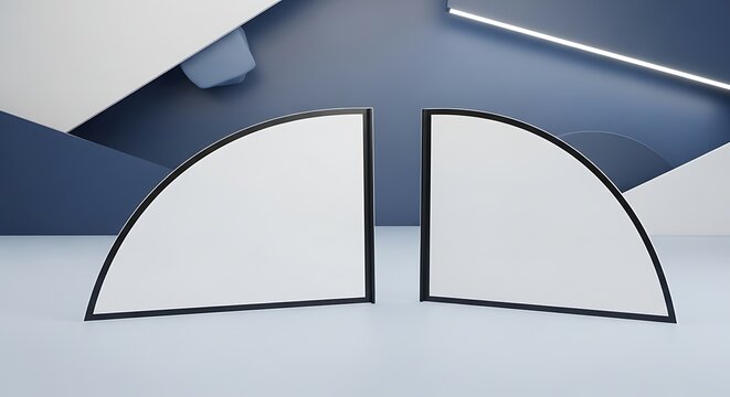 Two blank window stickers with quarter circle shape mockups on modern blue background for branding and retail signage