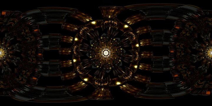 Sacred geometry mandala in immersive VR 360 format designed as equirectangular environment map and HDRI spherical loop for spiritual dome projection, metaverse spaces and VJ visuals