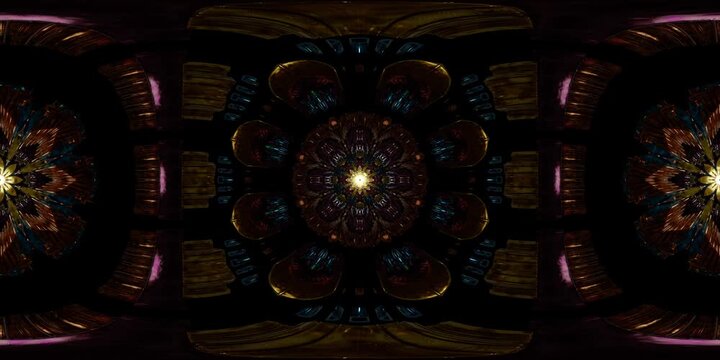 Equirectangular VR 360 mandala environment map crafted in sacred geometry, spiritual HDRI spherical loop made for dome projection, metaverse immersion and powerful VJ experiences