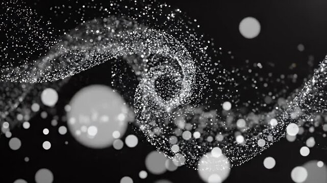 This video features an abstract motion of shimmering silver particles swirling elegantly against a black background, creating a dynamic and captivating visual effect.