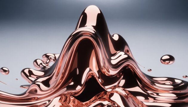 Rose gold liquid splashing smooth reflective fluid wave motion with droplets on gradient background