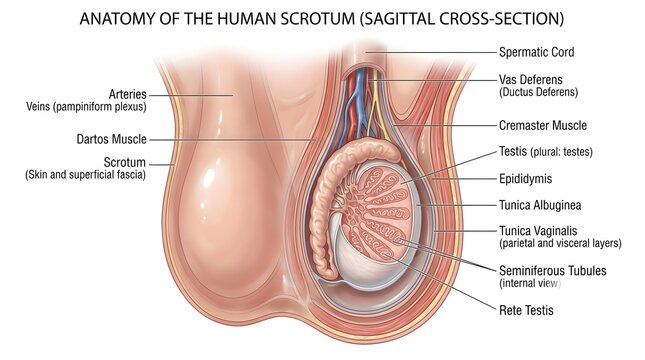 Anatomy of the Human Scrotum (Sagittal Cross‑Section): Comprehensive View of Scrotal Skin, Dartos and Cremaster Muscles, Spermatic Cord, Epididymis, Tunica Vaginalis, Tunica Albuginea, Seminiferous Tu