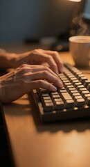 Hands typing on calculator beside coffee on desk