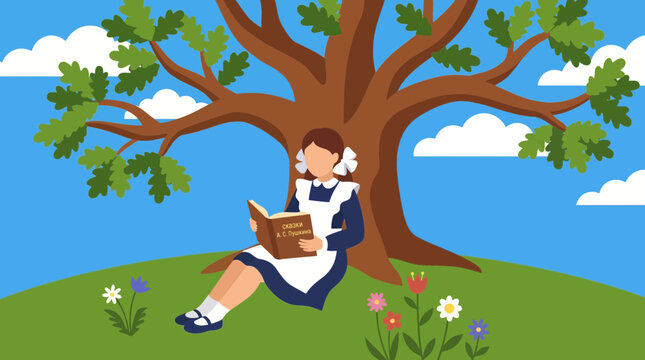 Russian Schoolgirl Reading Pushkin Fairy Tale Under Oak Tree