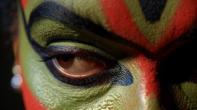 Intense close-up of Kathakali Dancer's painted eyes during a festival, Indian Classical Dance
