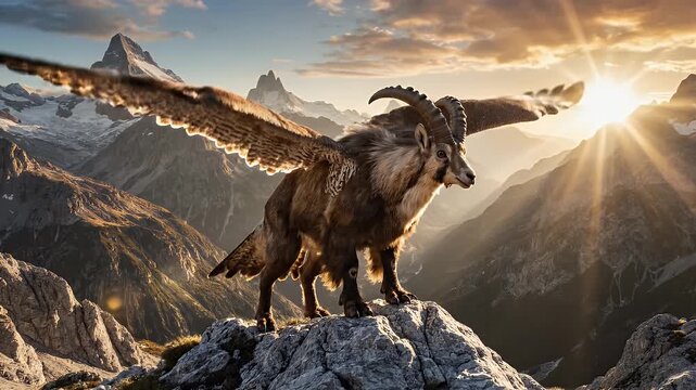 An imaginative creature combines the agility of a mountain ibex with the powerful wings of a falcon, perched on a rocky alpine ridge.
