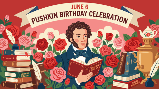 June 6 Pushkin Birthday Celebration Illustration with Roses and Books
