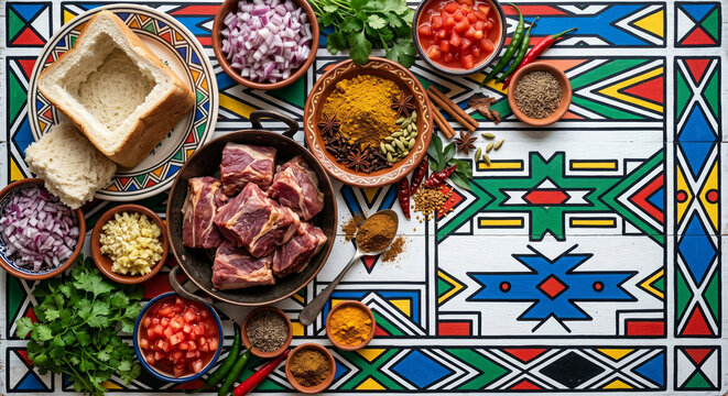 Flat lay of Bunny Chow ingredients on Ndebele pattern, copy space
