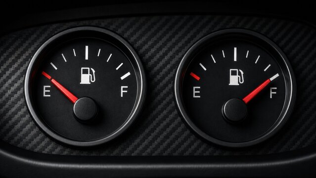 Modern automotive dashboard fuel gauges showing empty and full levels against a premium carbon fiber texture represent vehicle energy management and efficiency