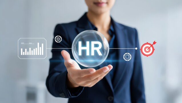 Professional businesswoman holding HR hologram concept with icons for human resources and recruitment in modern office