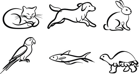 Fototapeta premium Animal Collection line drawings: cat dog rabbit parrot