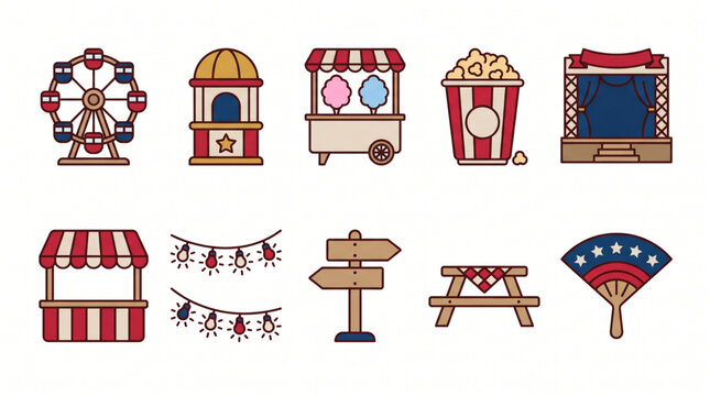 Amusement Park and Carnival Icon Set Ferris Wheel, Food Stalls, Games, and Decorations