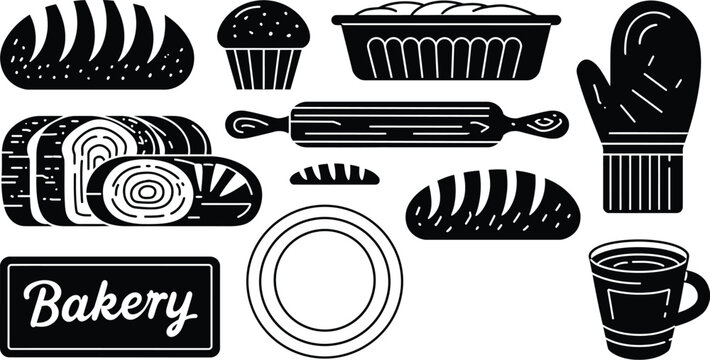 Bakery and baking icons: breads cupcake rolling pin mitt