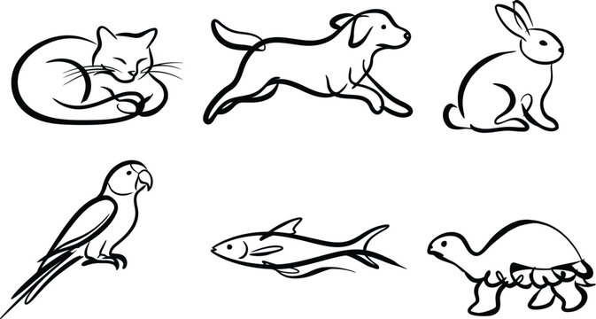 Animal Collection line drawings: cat dog rabbit parrot