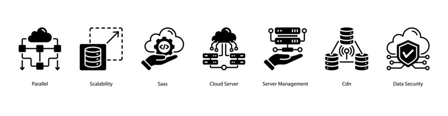 Scalable Systems web banner icon vector illustration featuring Parallel, Scalability, SaaS, Cloud Server, Server Management, CDN, and Data Security. © Dewi Sari