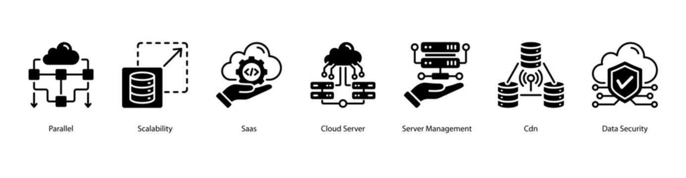 Scalable Systems web banner icon vector illustration featuring Parallel, Scalability, SaaS, Cloud Server, Server Management, CDN, and Data Security.